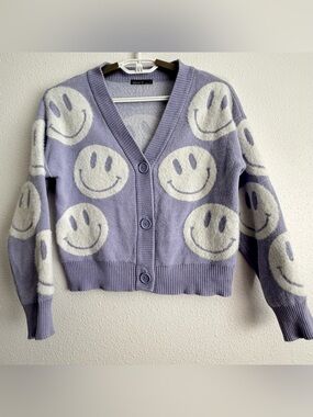 Nikka K Smiley Face Cardigan Sweater Juniors XS Lavender Y2K Button Front 💜